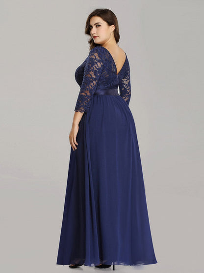 Custom Size See-Through Maxi Lace Evening Dress with Half Sleeve #color_Navy Blue