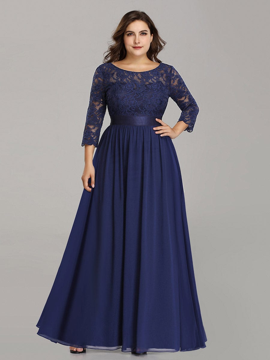 Custom Size See-Through Maxi Lace Evening Dress with Half Sleeve #color_Navy Blue