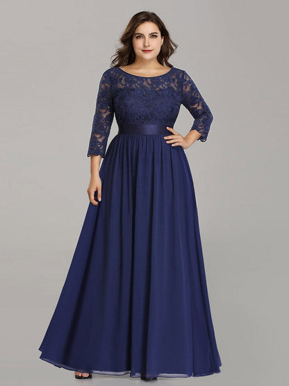 Custom Size See-Through Maxi Lace Evening Dress with Half Sleeve #color_Navy Blue