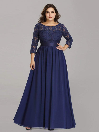 Plus Size Long Lace Sleeve Formal Evening Gowns #color_Navy Blue 