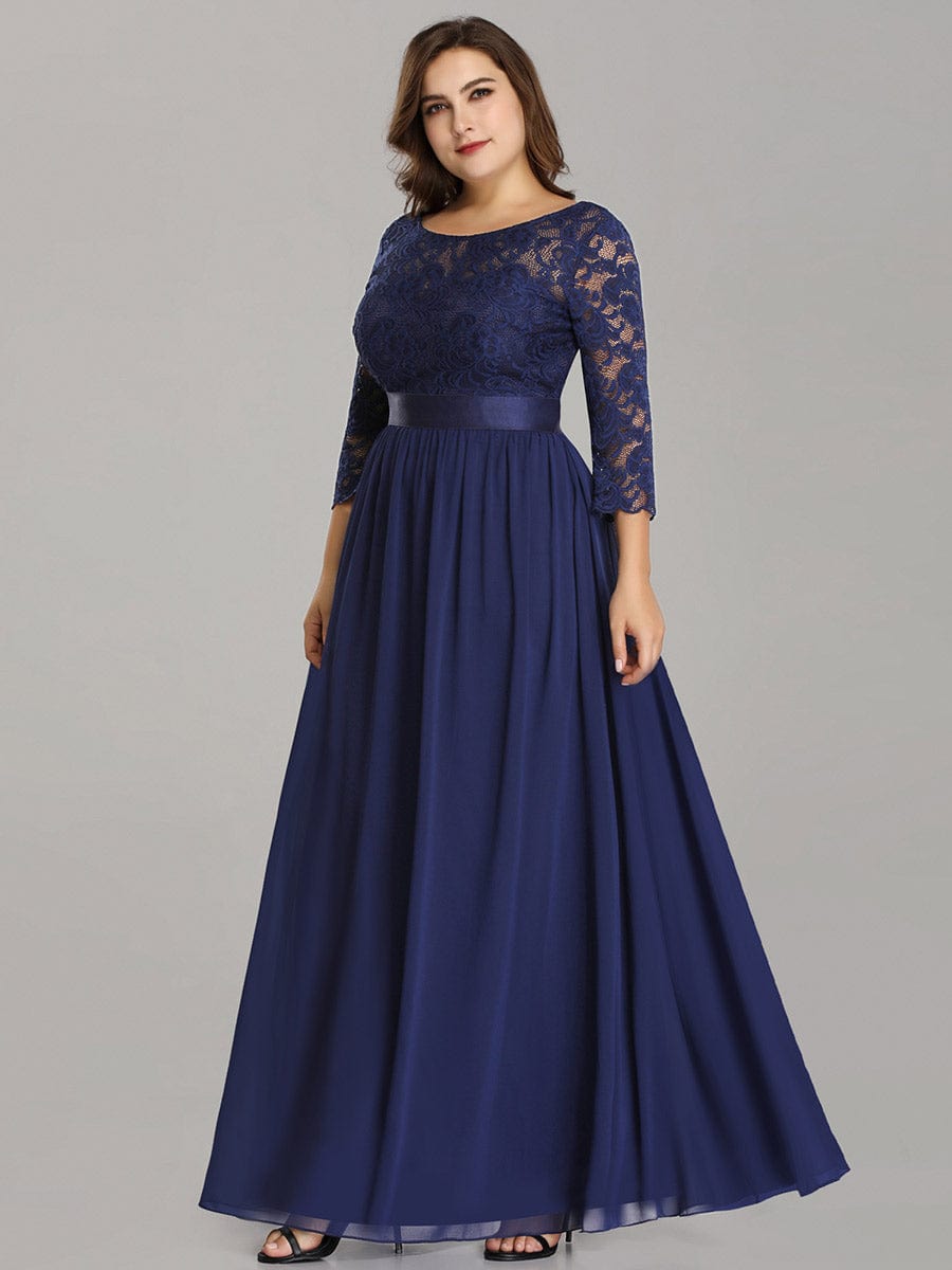 Custom Size See-Through Maxi Lace Evening Dress with Half Sleeve #color_Navy Blue