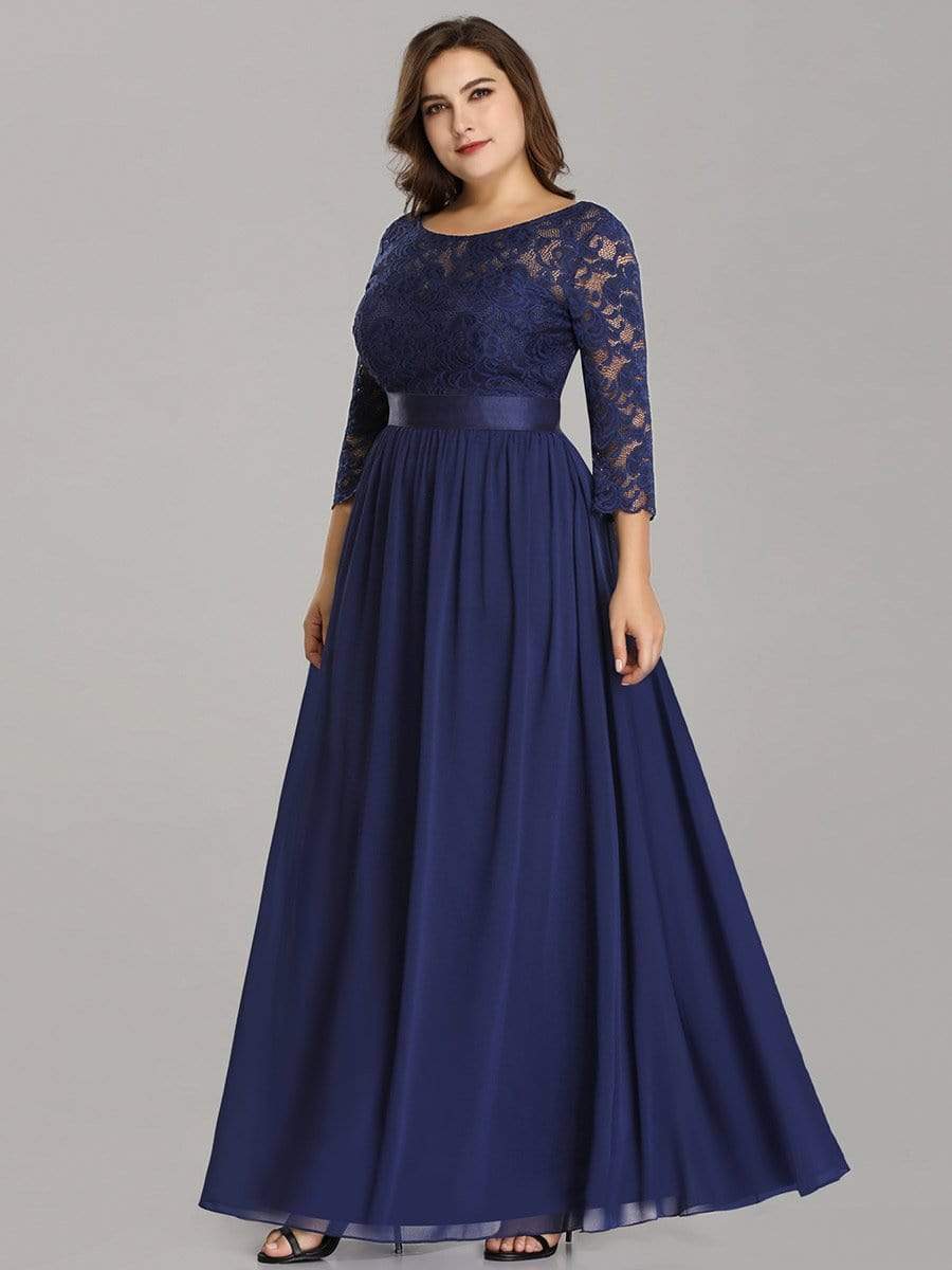 Plus Size Long Lace Sleeve Formal Evening Gowns #color_Navy Blue 