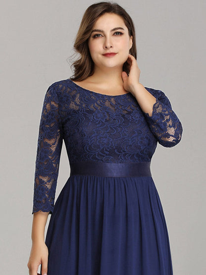 Custom Size See-Through Maxi Lace Evening Dress with Half Sleeve #color_Navy Blue