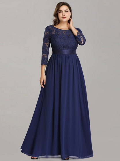 Custom Size See-Through Maxi Lace Evening Dress with Half Sleeve #color_Navy Blue