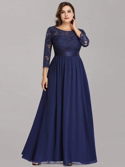 See-Through Floor Length Lace Evening Dress with Half Sleeve #color_Navy Blue 