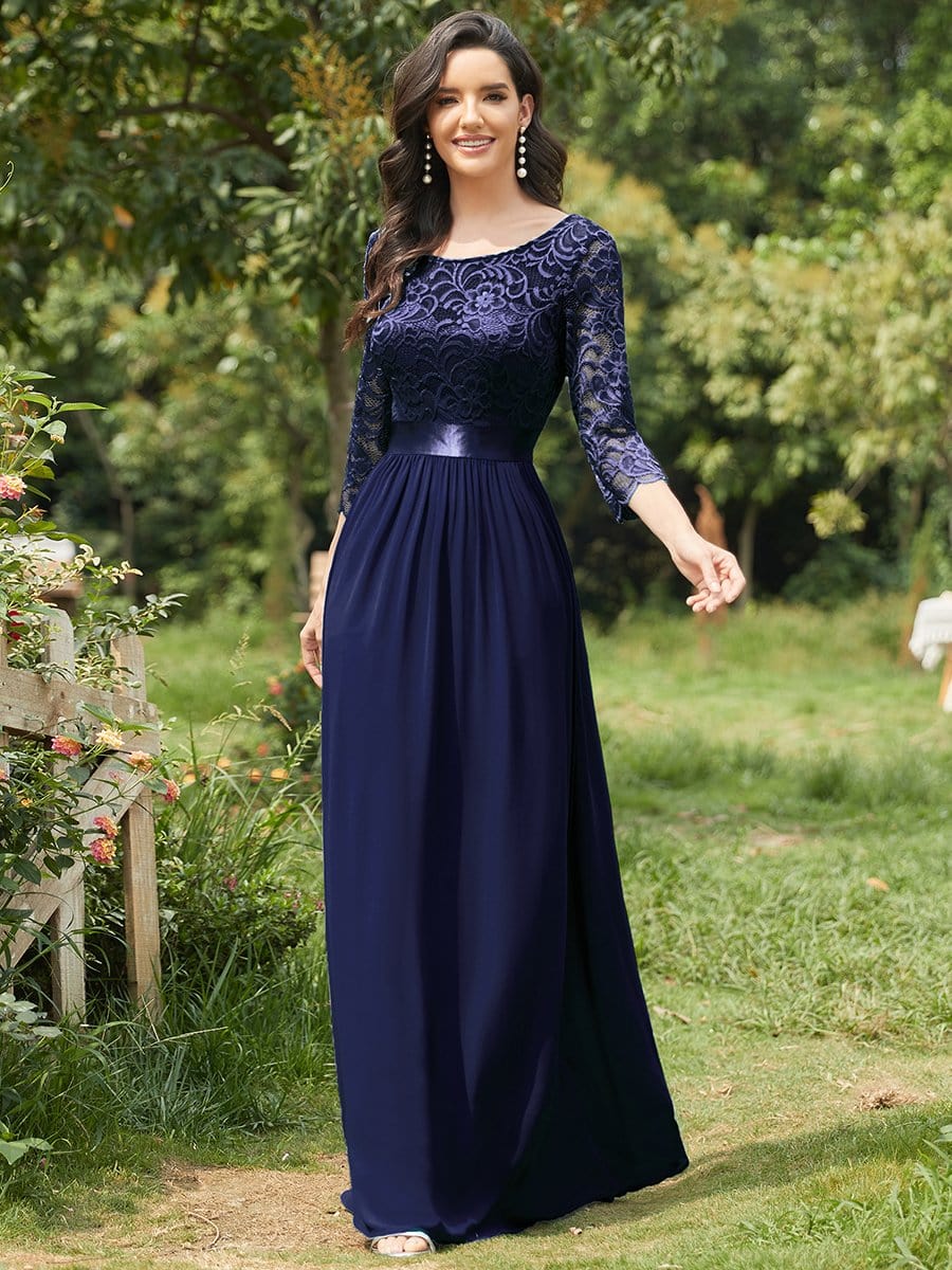 See-Through Floor Length Lace Evening Dress with Half Sleeve #color_Navy Blue 