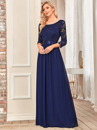 See-Through Floor Length Lace Evening Dress with Half Sleeve #color_Navy Blue 