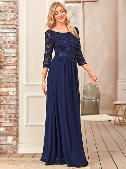 See-Through Floor Length Lace Evening Dress with Half Sleeve #color_Navy Blue 