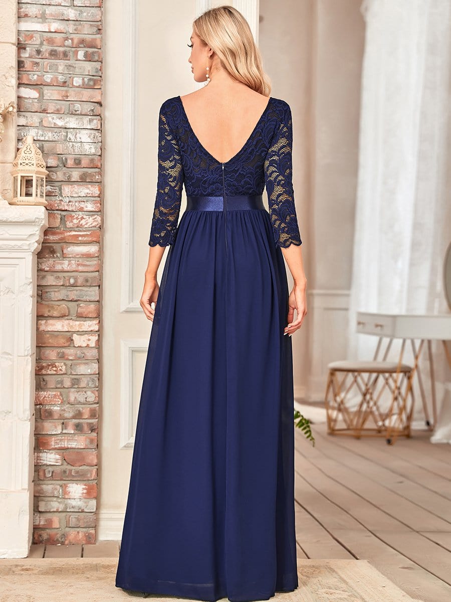 See-Through Floor Length Lace Evening Dress with Half Sleeve #color_Navy Blue 