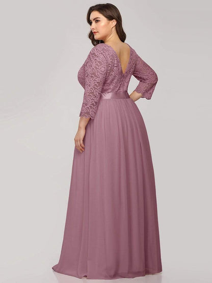 See-Through Floor Length Lace Evening Dress with Half Sleeve #color_Purple Orchid 