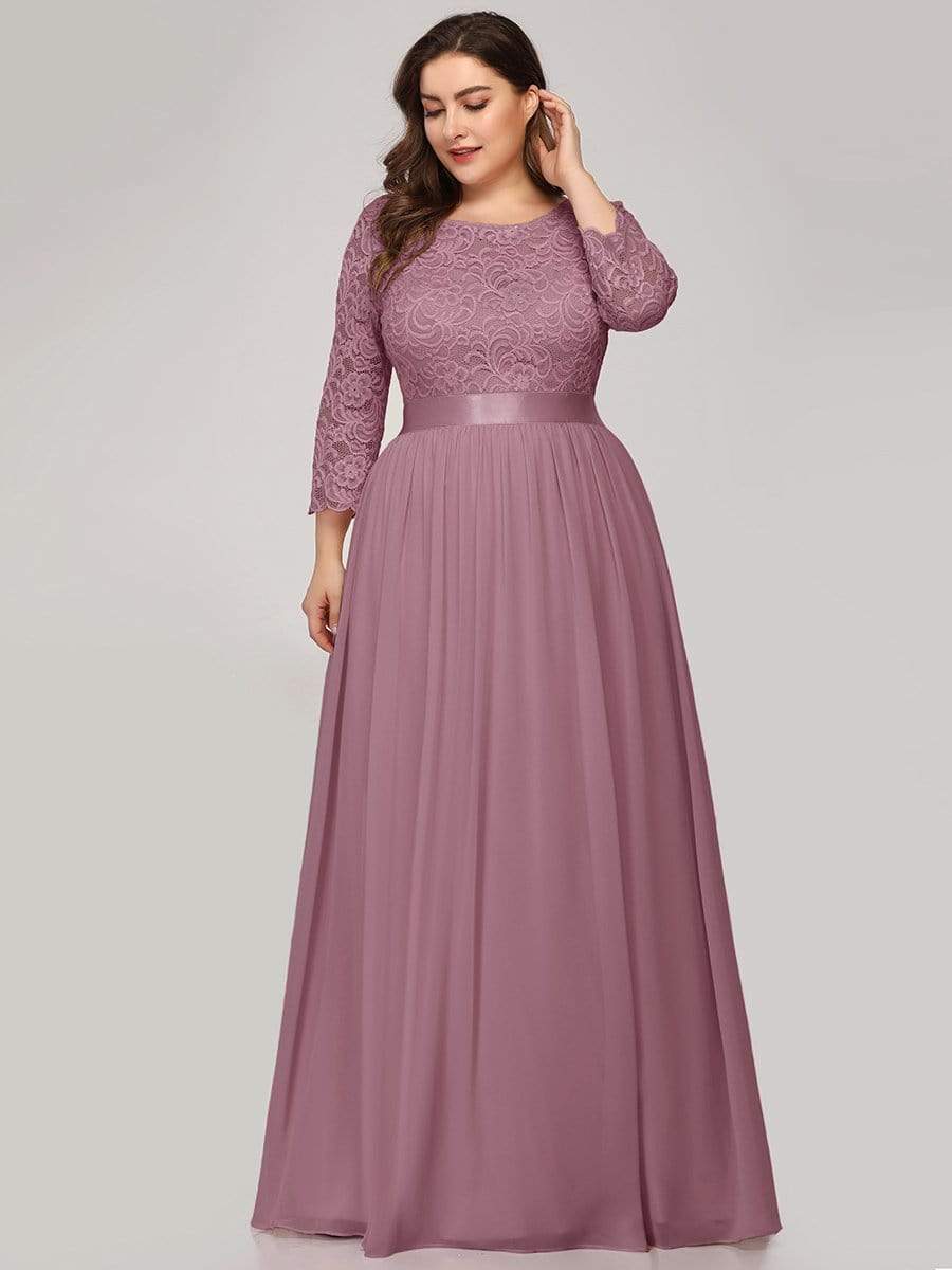 Plus Size Long Lace Sleeve Formal Evening Gowns #color_Purple Orchid 