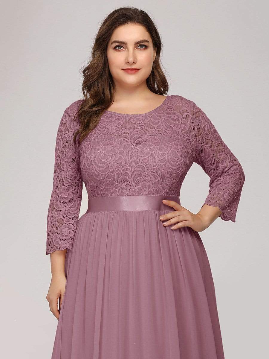 Plus Size Long Lace Sleeve Formal Evening Gowns #color_Purple Orchid 