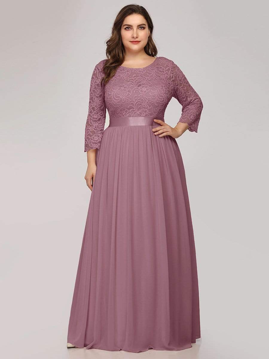 See-Through Floor Length Lace Evening Dress with Half Sleeve #color_Purple Orchid 