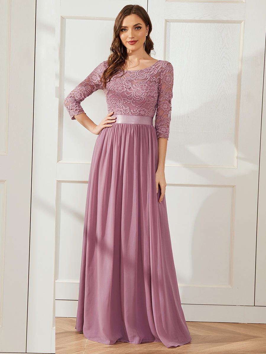 See-Through Floor Length Lace Evening Dress with Half Sleeve #color_Purple Orchid