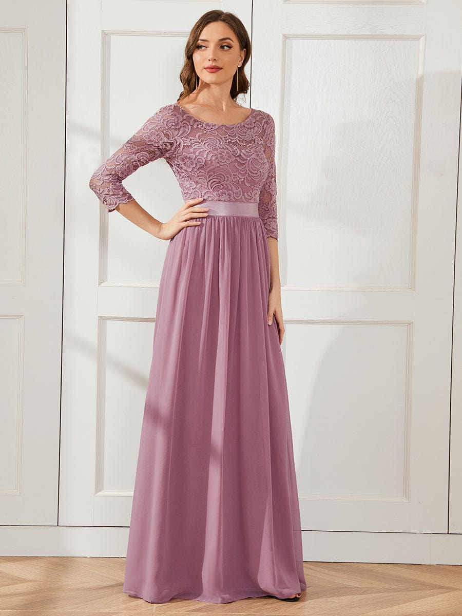 See-Through Floor Length Lace Evening Dress with Half Sleeve #color_Purple Orchid