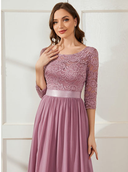 See-Through Floor Length Lace Evening Dress with Half Sleeve #color_Purple Orchid