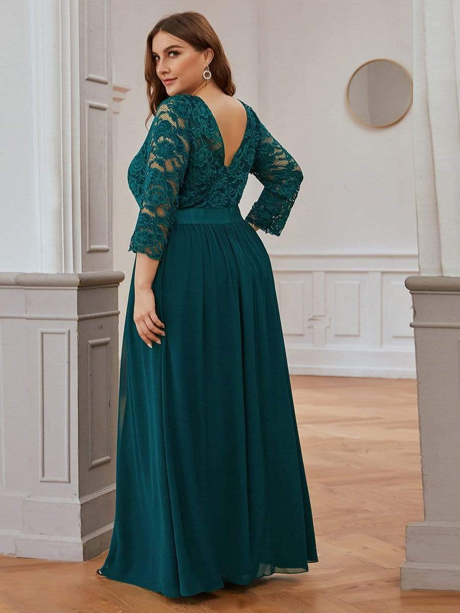 Plus Size Long Lace Sleeve Formal Evening Gowns #color_Teal 