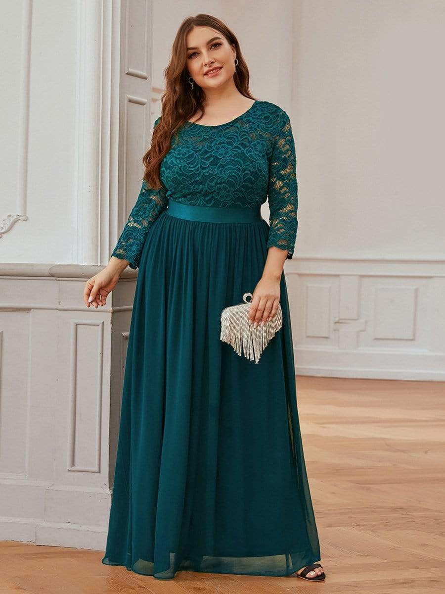 Plus Size Long Lace Sleeve Formal Evening Gowns #color_Teal 