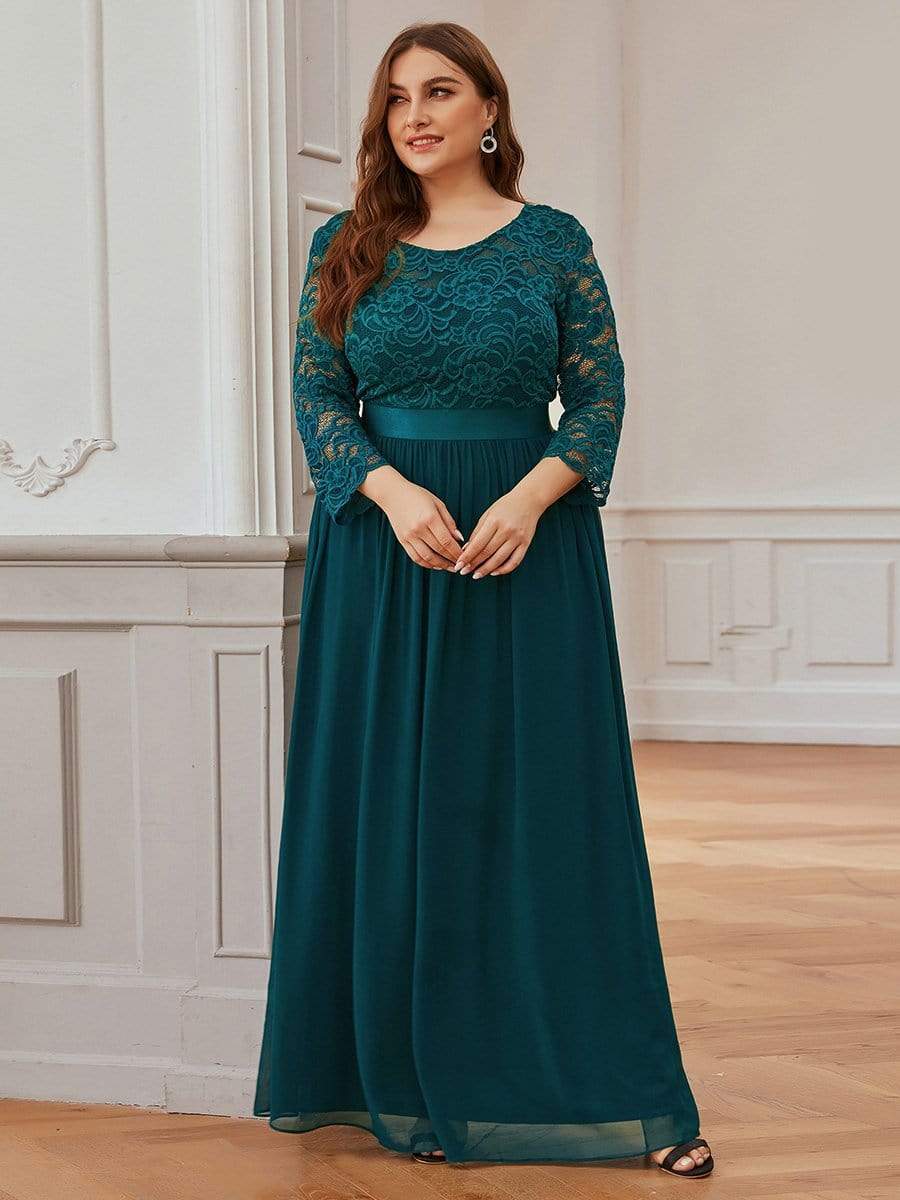 Plus Size Long Lace Sleeve Formal Evening Gowns #color_Teal 