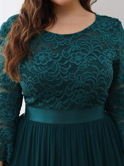 Plus Size Long Lace Sleeve Formal Evening Gowns #color_Teal 