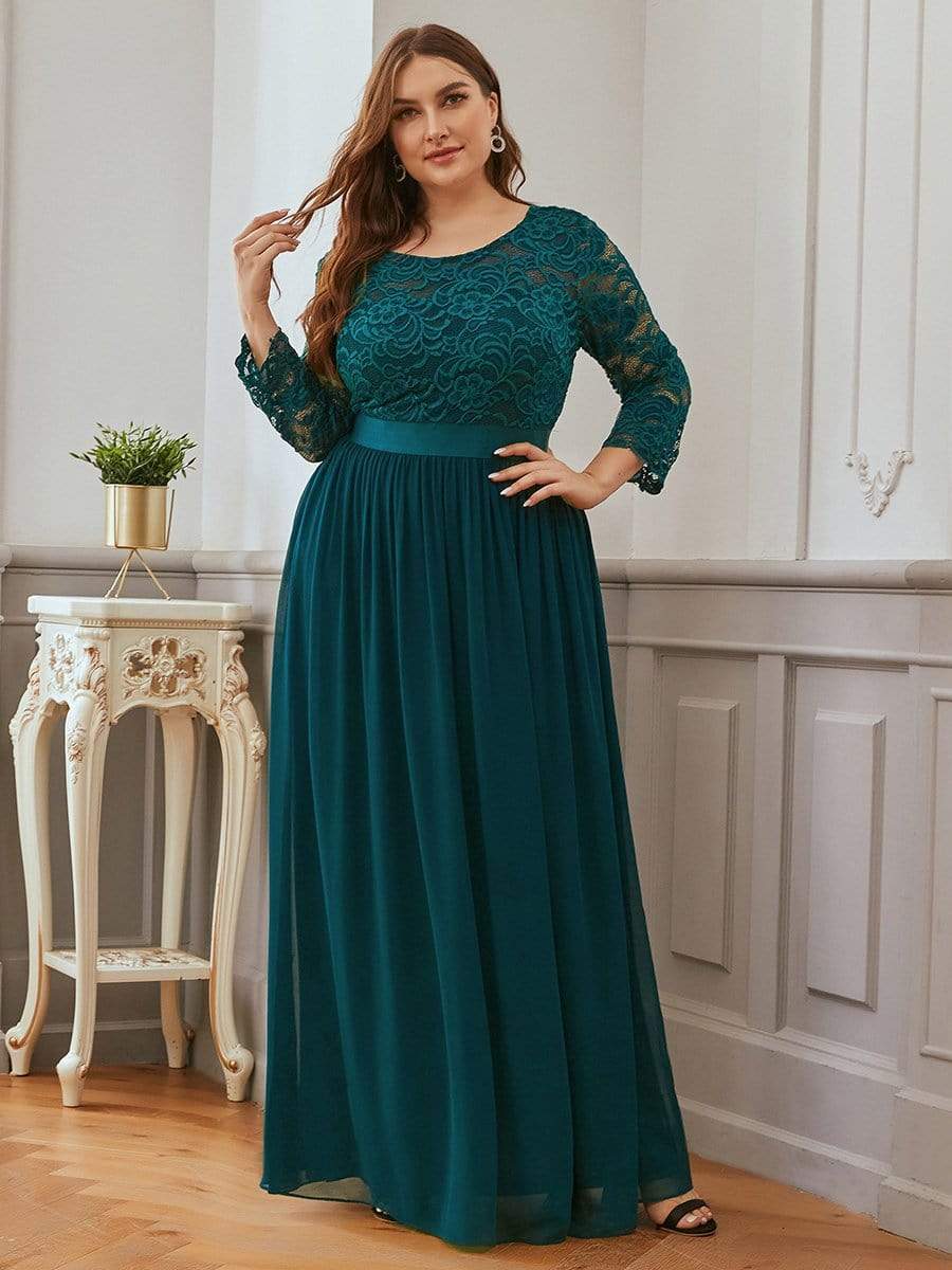 Plus Size Long Lace Sleeve Formal Evening Gowns #color_Teal 