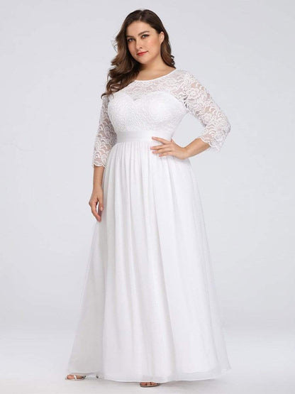 Plus Size Long Lace Sleeve Formal Evening Gowns #color_White 