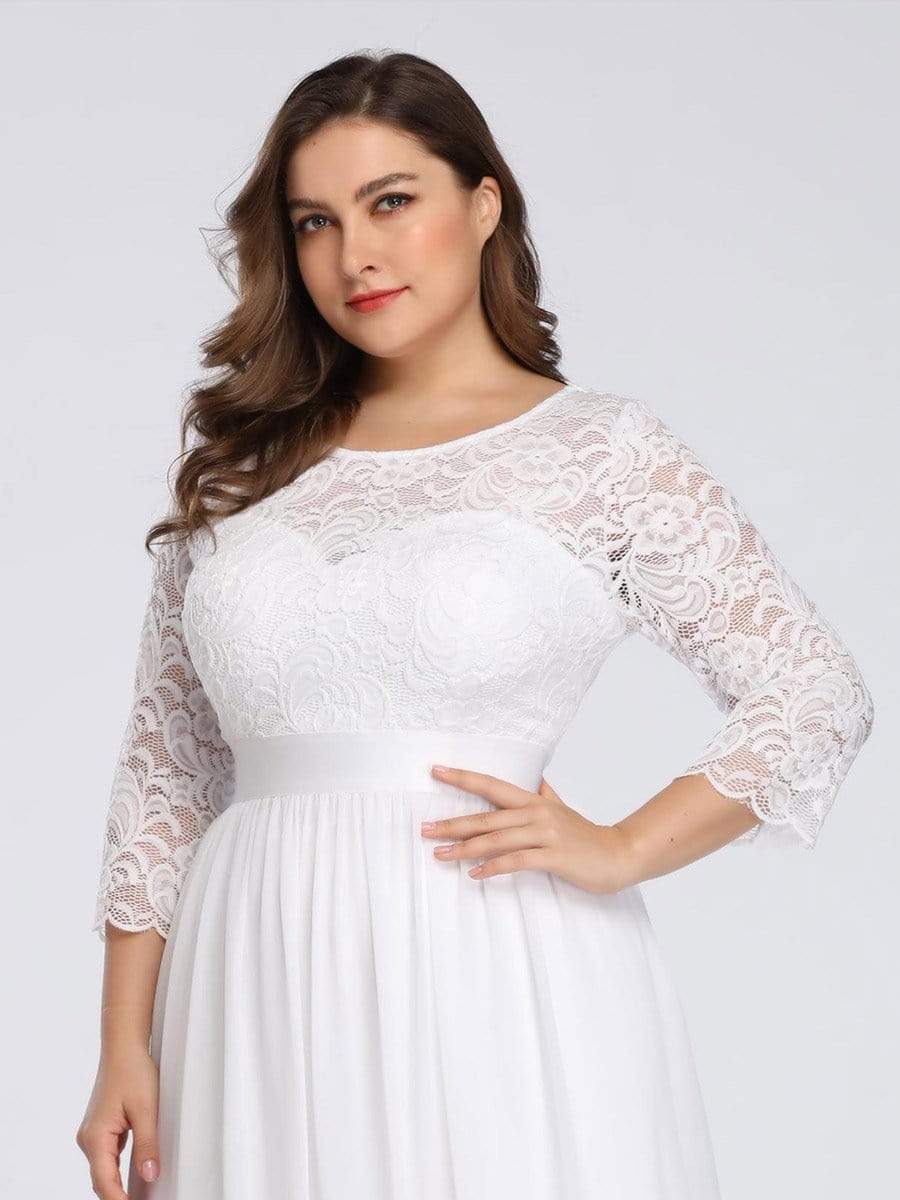 Plus Size Long Lace Sleeve Formal Evening Gowns #color_White 