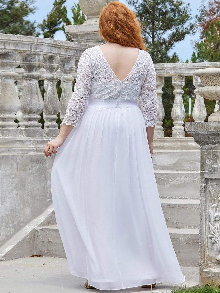 Plus Size Long Lace Sleeve Formal Evening Gowns #color_White 