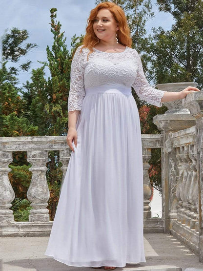 Plus Size Long Lace Sleeve Formal Evening Gowns #color_White 