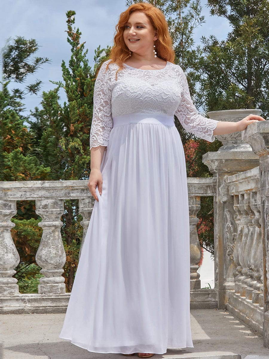 Custom Size See-Through Maxi Lace Evening Dress with Half Sleeve #color_White