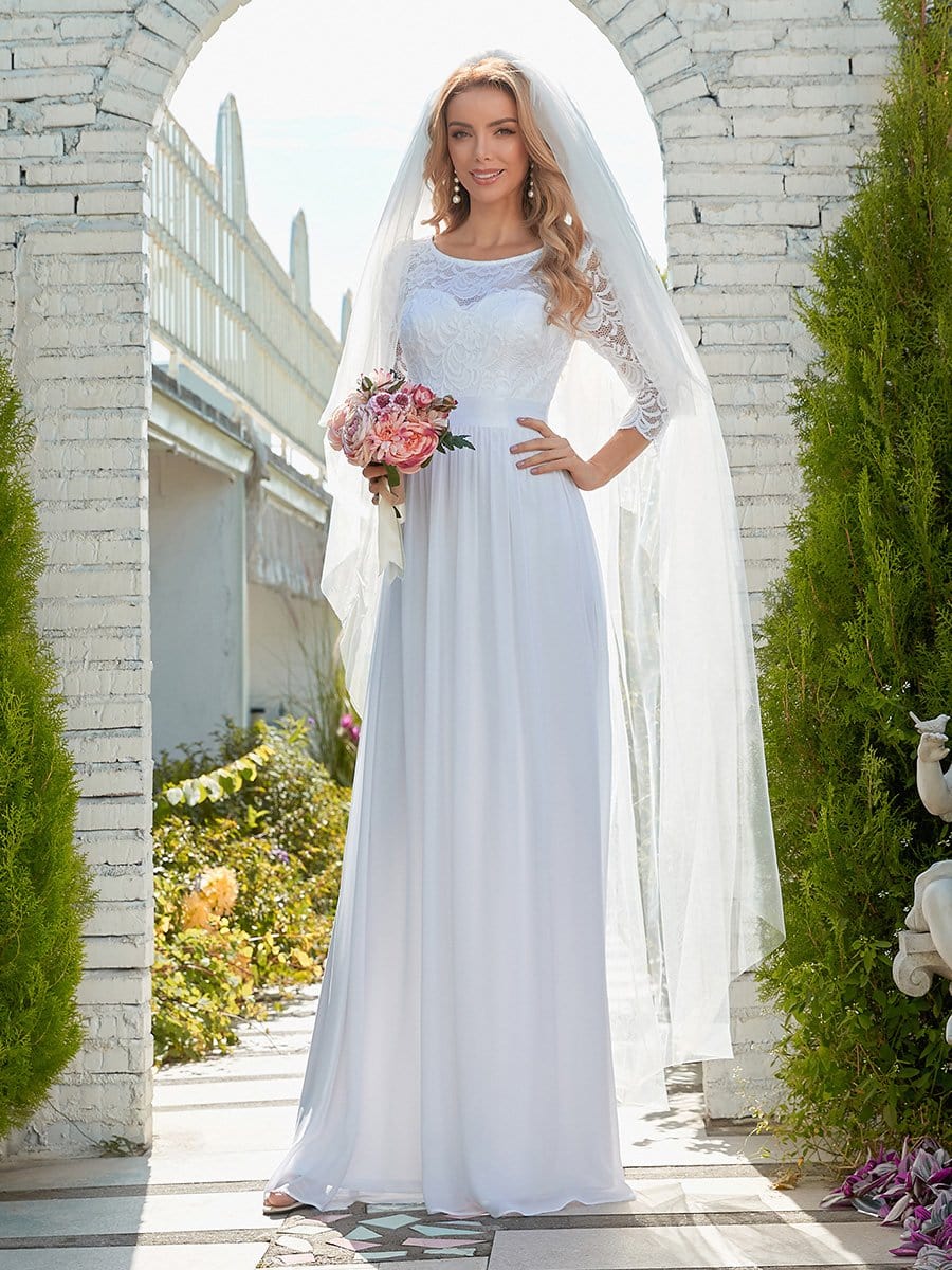 See-Through Floor Length Lace Evening Dress with Half Sleeve #color_White 