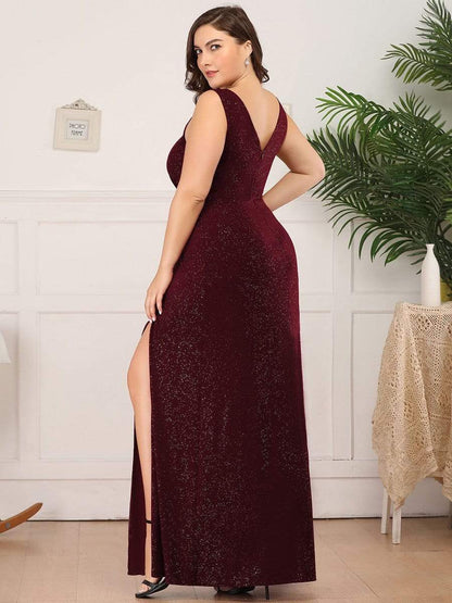 Custom Size Glittery Side Split Deep V-Neck Evening Dress #color_Burgundy 