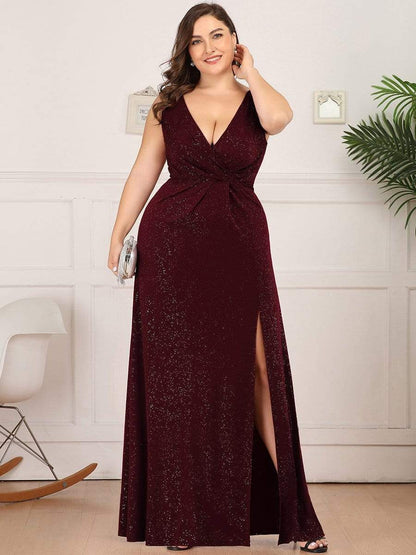 Custom Size Glittery Side Split Deep V-Neck Evening Dress