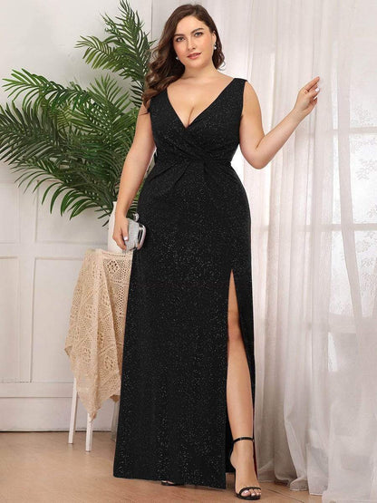 Custom Size Glittery Side Split Deep V-Neck Evening Dress #color_Black 