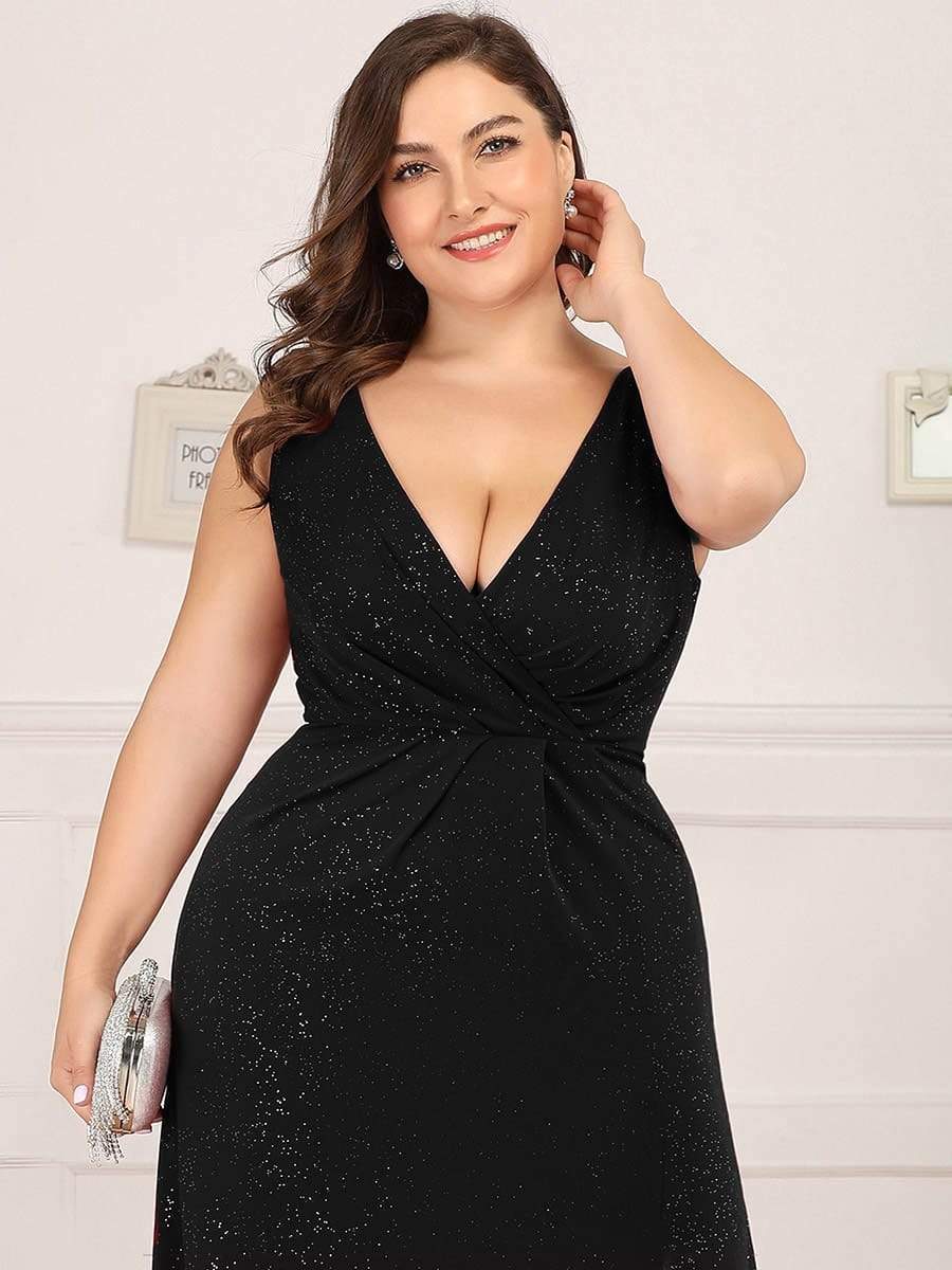 Custom Size Glittery Side Split Deep V-Neck Evening Dress #color_Black 