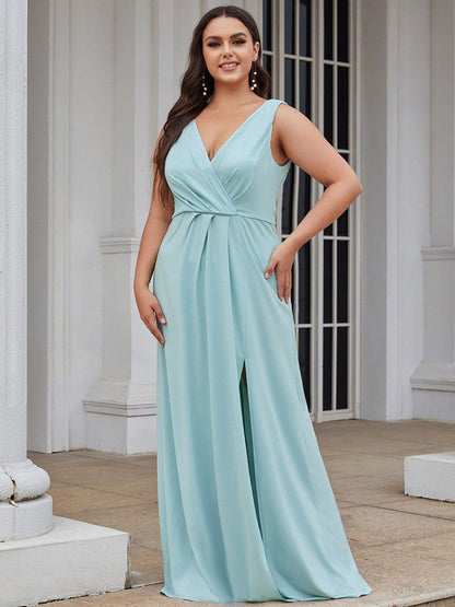 Custom Size Glittery Side Split Deep V-Neck Evening Dress #color_Sky Blue 