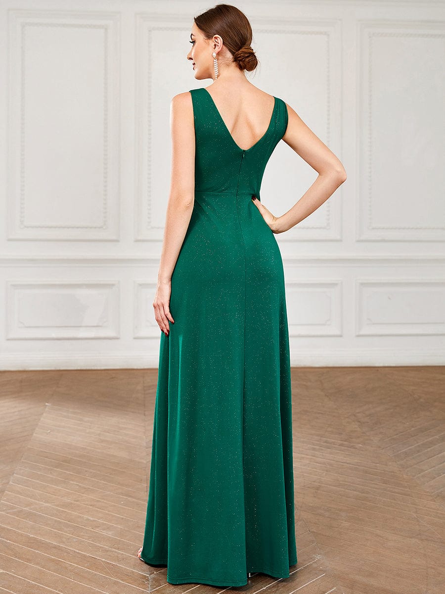 Floor Length V Neck Shiny Evening Dress with Side Split #color_Dark Green