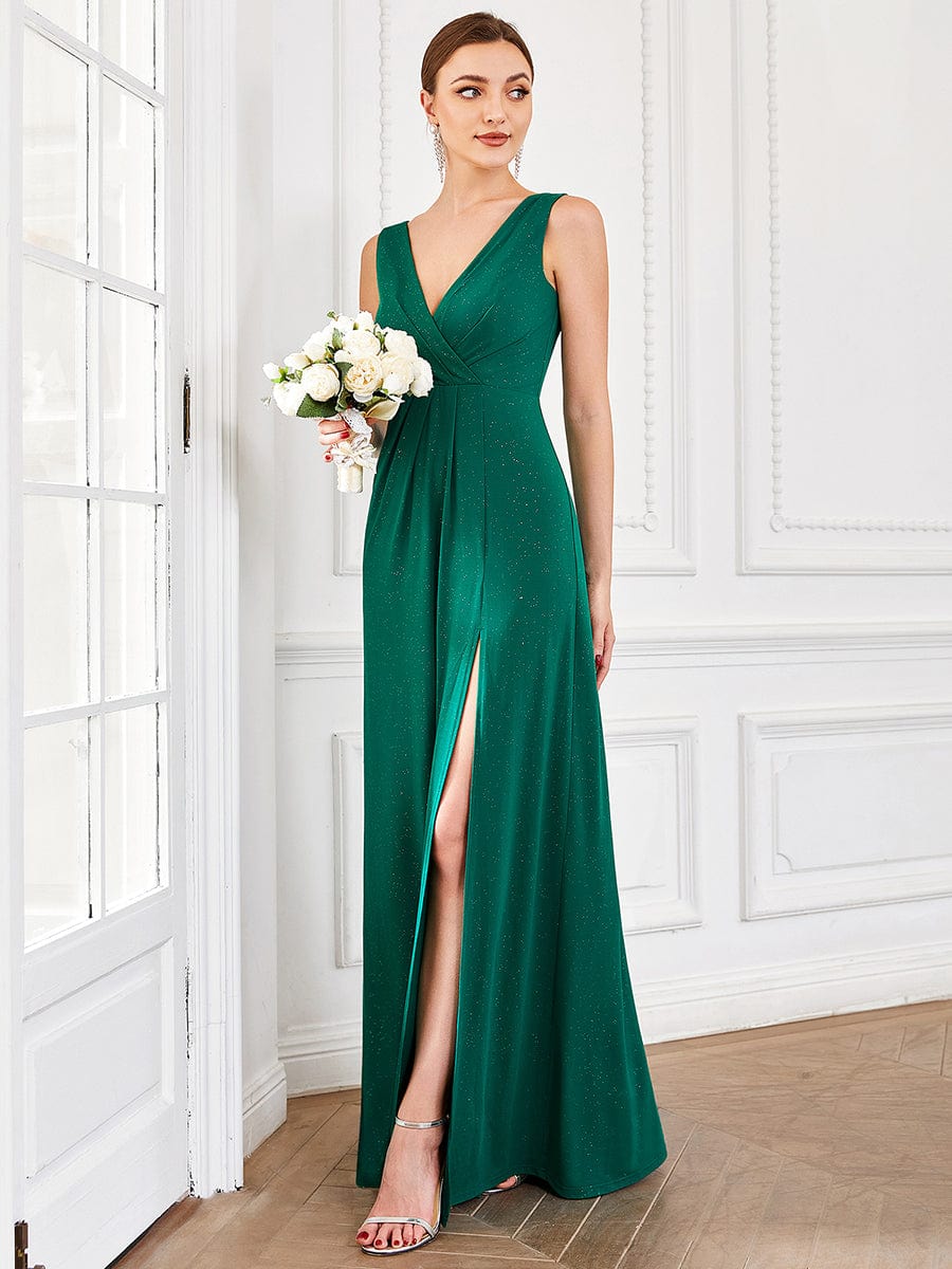 Floor Length V Neck Shiny Evening Dress with Side Split #color_Dark Green