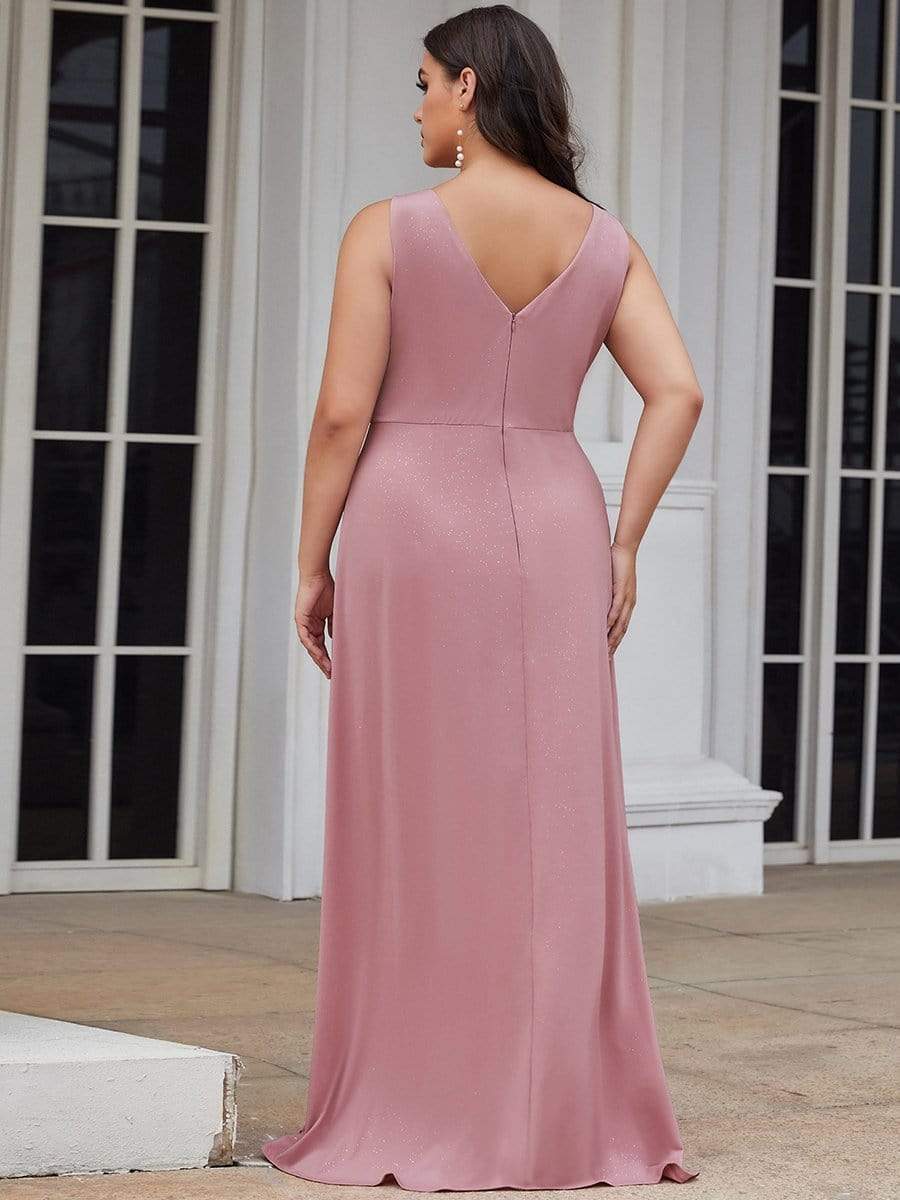 Floor Length V Neck Shiny Evening Dress with Side Split #color_Purple Orchid 