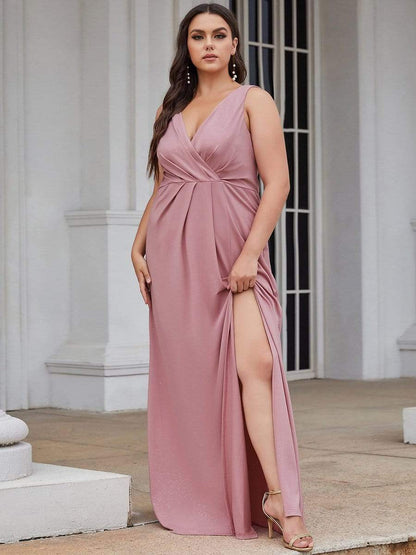 Floor Length V Neck Shiny Evening Dress with Side Split #color_Purple Orchid 