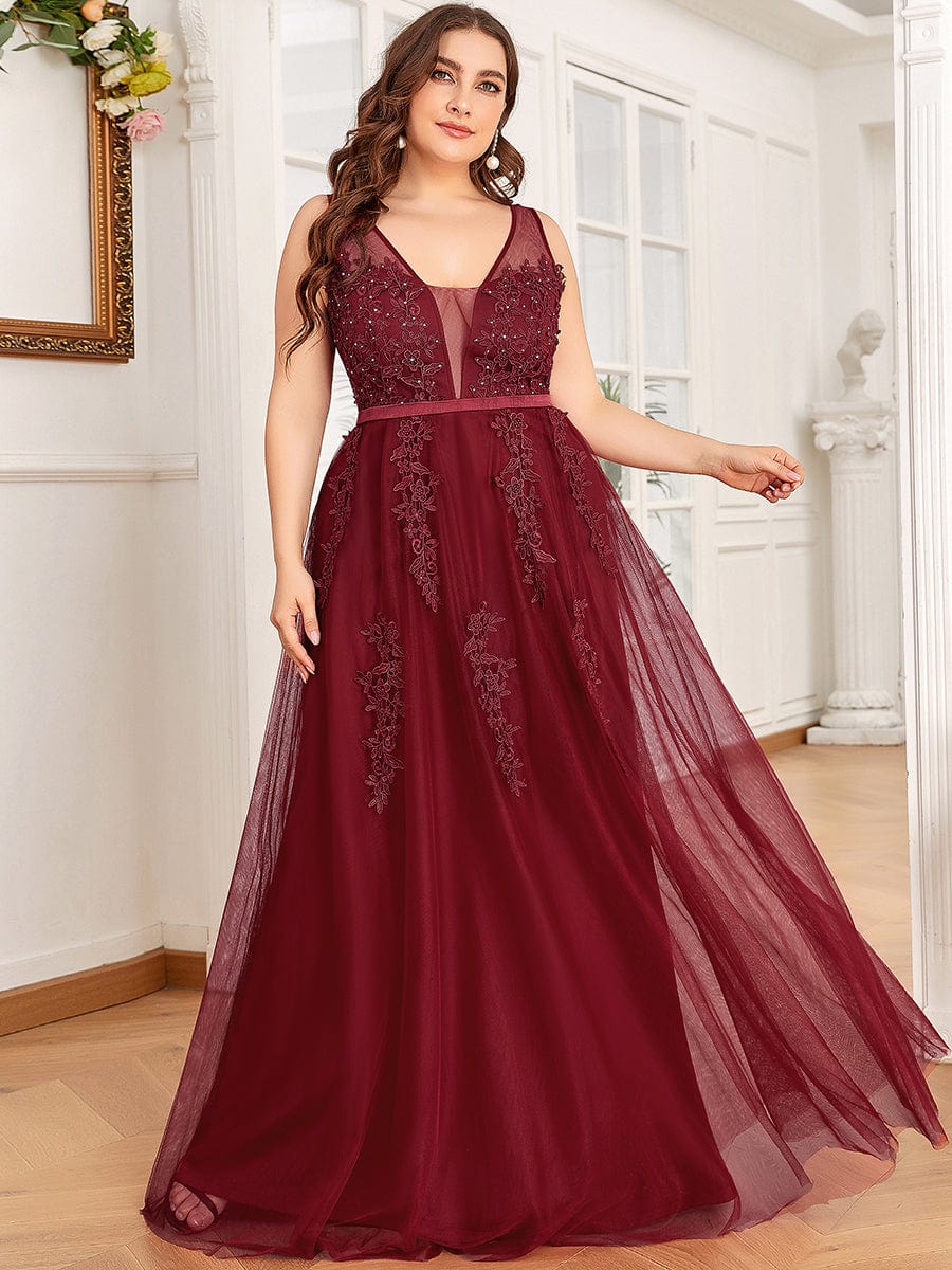 Plus Size Maxi Long Ethereal Tulle Formal Evening Dress #color_Burgundy 