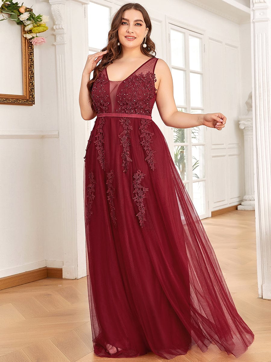 Plus Size Maxi Long Ethereal Tulle Formal Evening Dress #color_Burgundy 