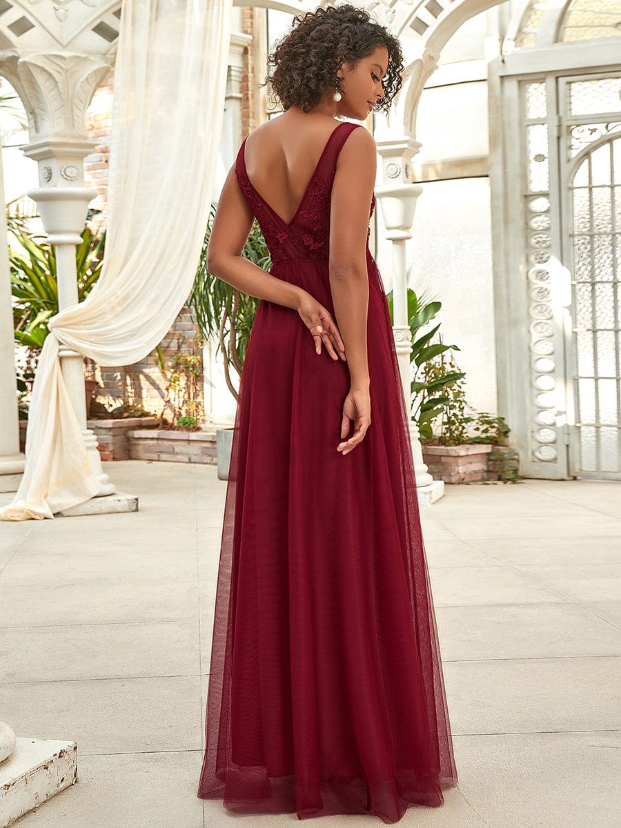 Maxi Long Elegant Ethereal Tulle Evening Dress #color_Burgundy 