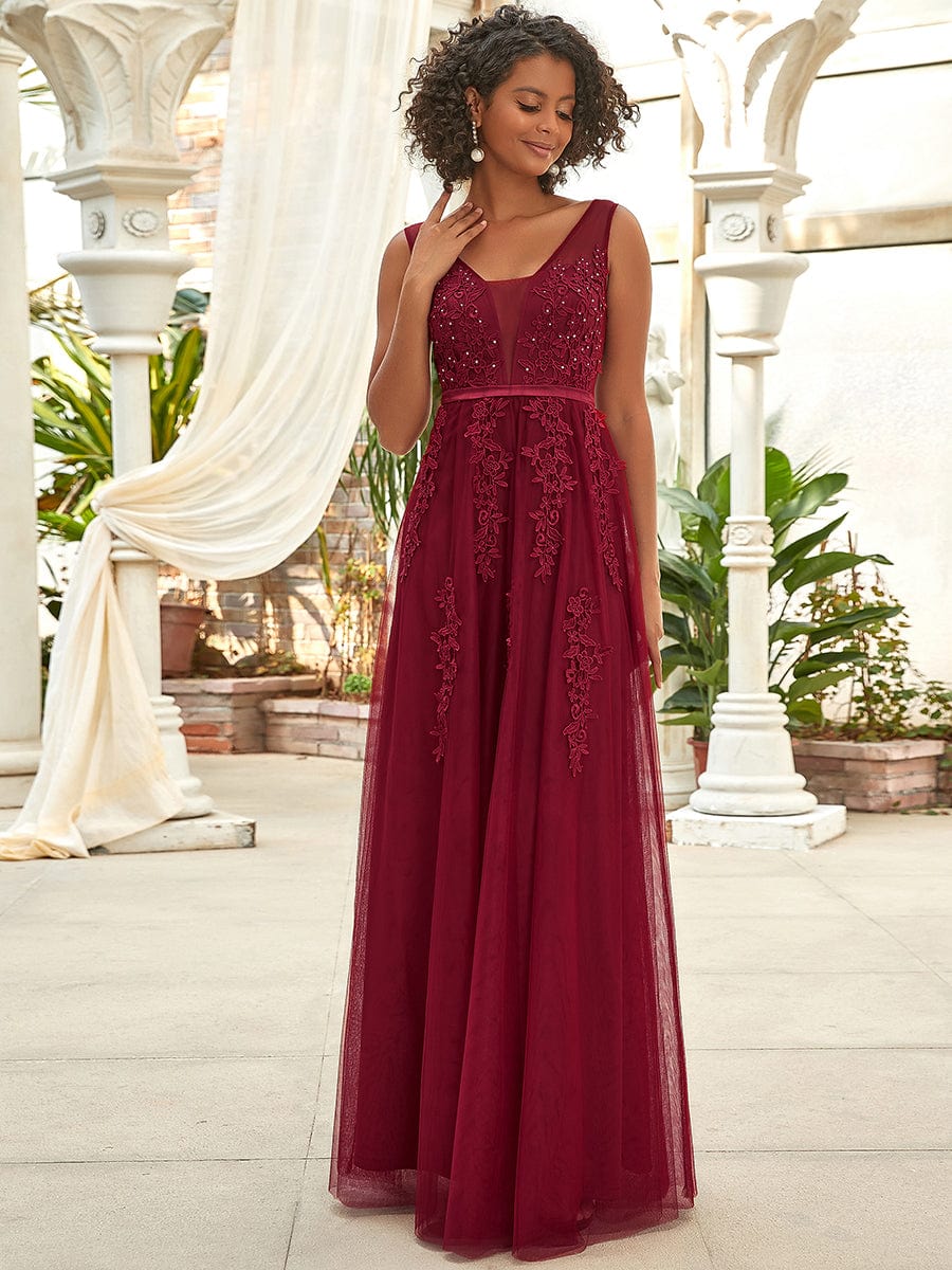 Maxi Long Elegant Ethereal Tulle Evening Dress #color_Burgundy 