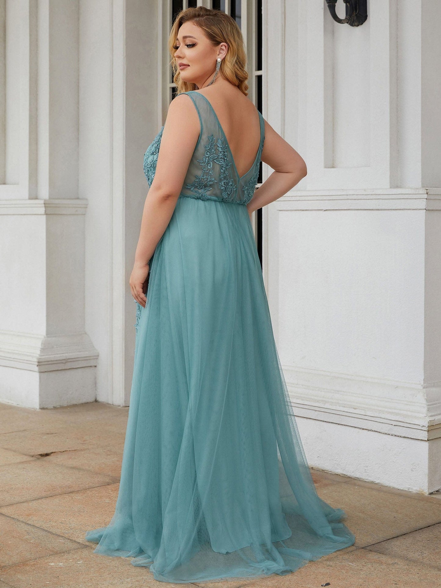 Custom Size Maxi Long Elegant Ethereal Tulle Evening Dress #color_Dusty Blue