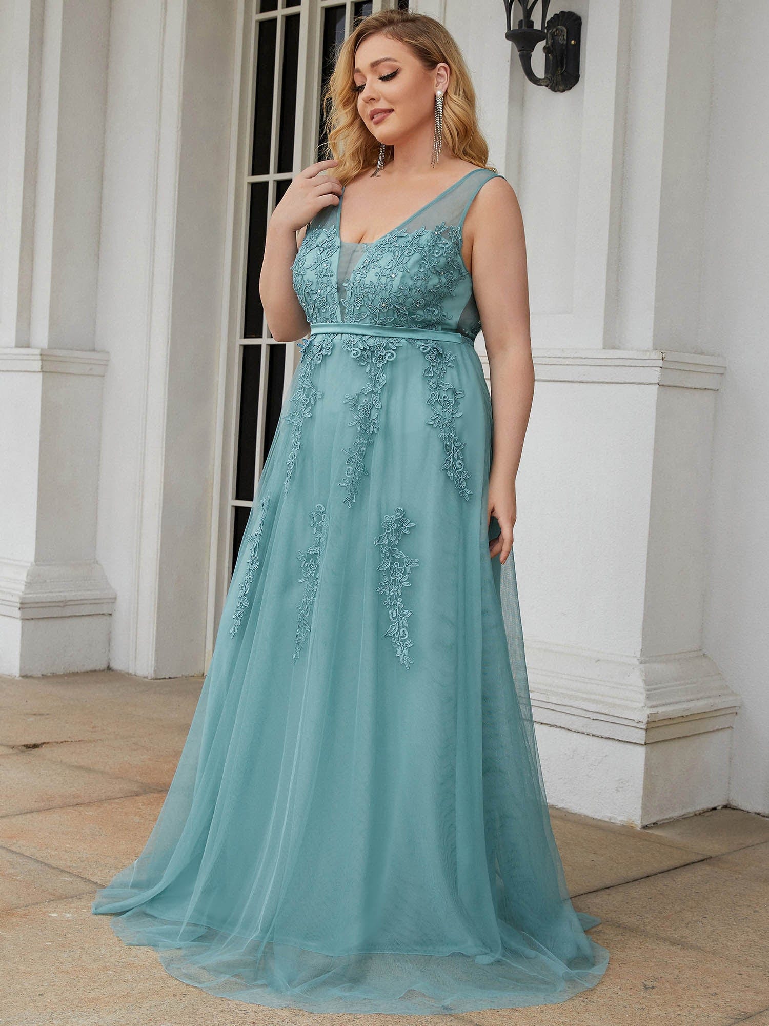 Custom Size Maxi Long Elegant Ethereal Tulle Evening Dress #color_Dusty Blue