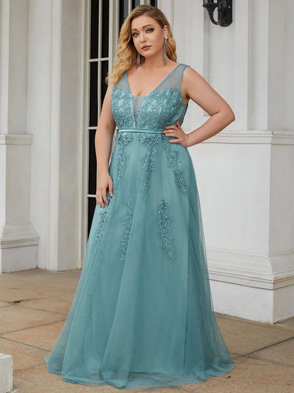 Plus Size Maxi Long Ethereal Tulle Formal Evening Dress #color_Dusty Blue 