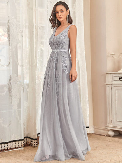 Maxi Long Elegant Ethereal Tulle Evening Dress #color_Grey 