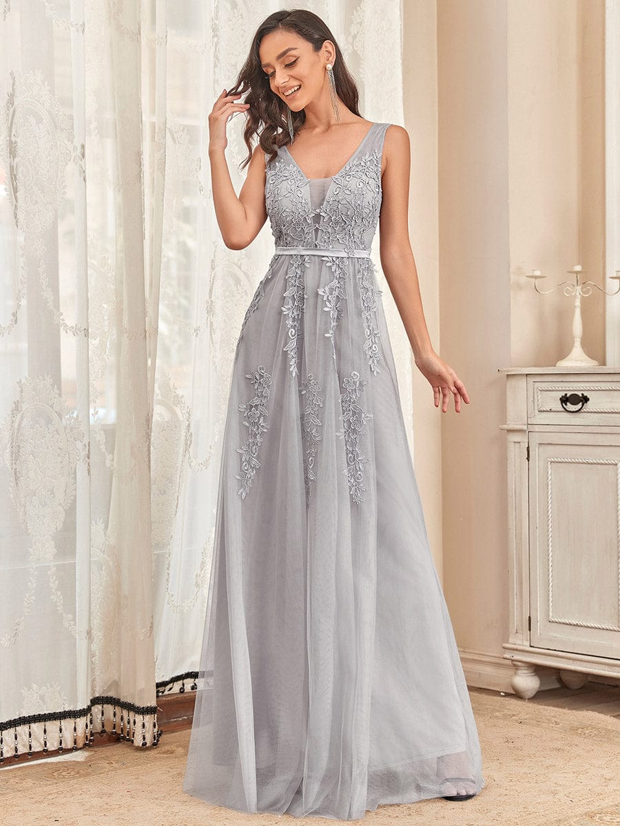 Maxi Long Elegant Ethereal Tulle Evening Dress #color_Grey 