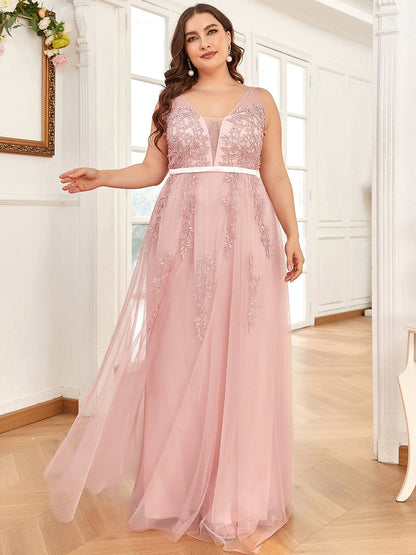 Plus Size Maxi Long Ethereal Tulle Formal Evening Dress #color_Pink 